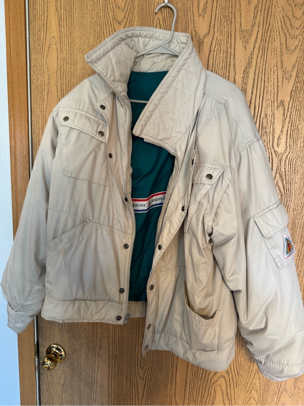London Fog Light Beige Puffer Jacket with Stand Collar